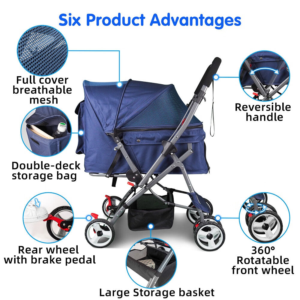 Noodoky Pet Stroller for Cats Dogs Rabbit with Reversible Handle， Dog Stroller for Small or Medium Animal up to 40 Pounds， Doggie Bunny Stroller Carriage (Blue)