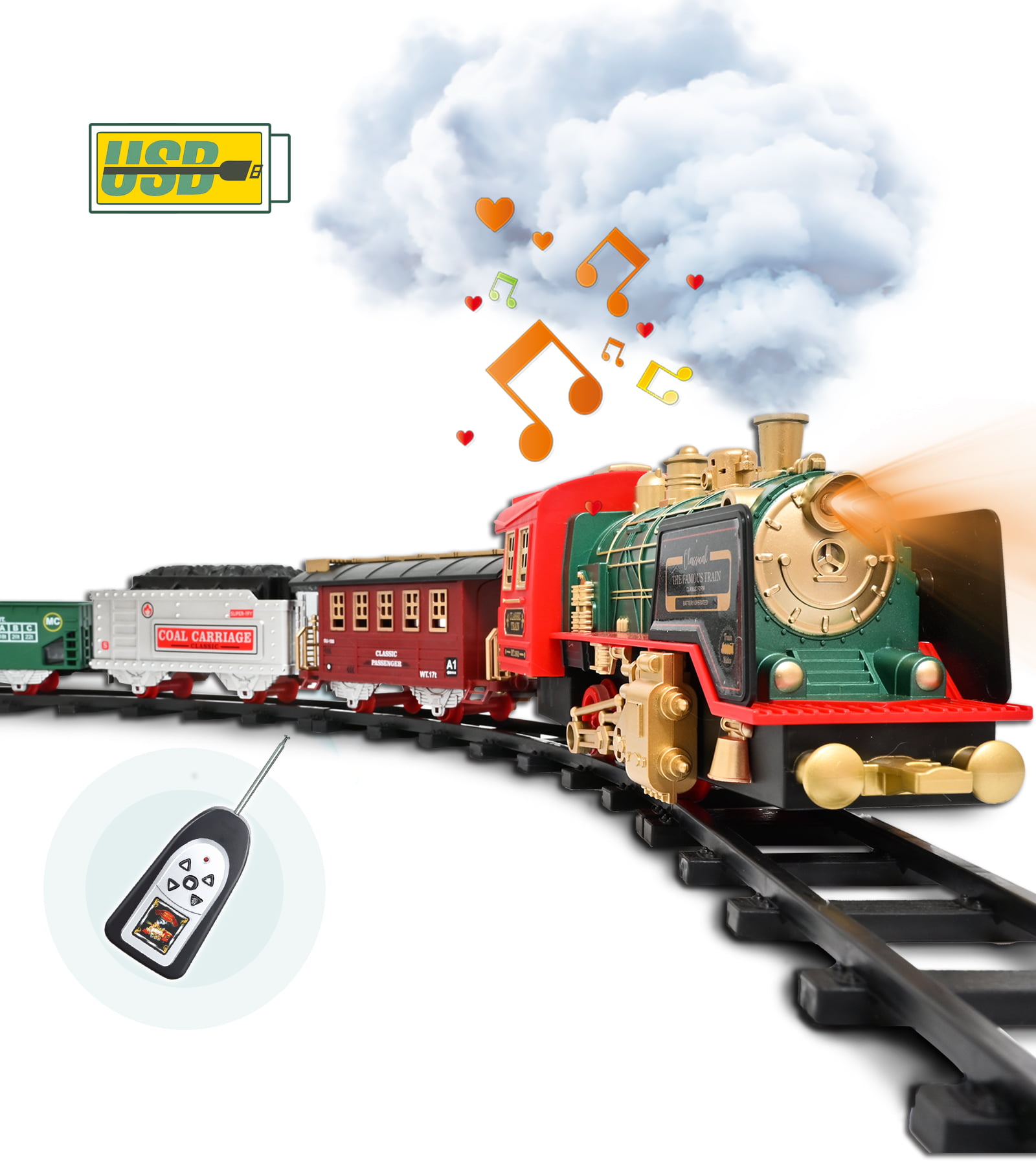 FANL Train Set Toy， RC Train Set W/ Smoke， Lights， Sounds Railway ， Rechargeable Electric Train Toy Birthday Gift Toys for Age 3 4 5 6 + Kids