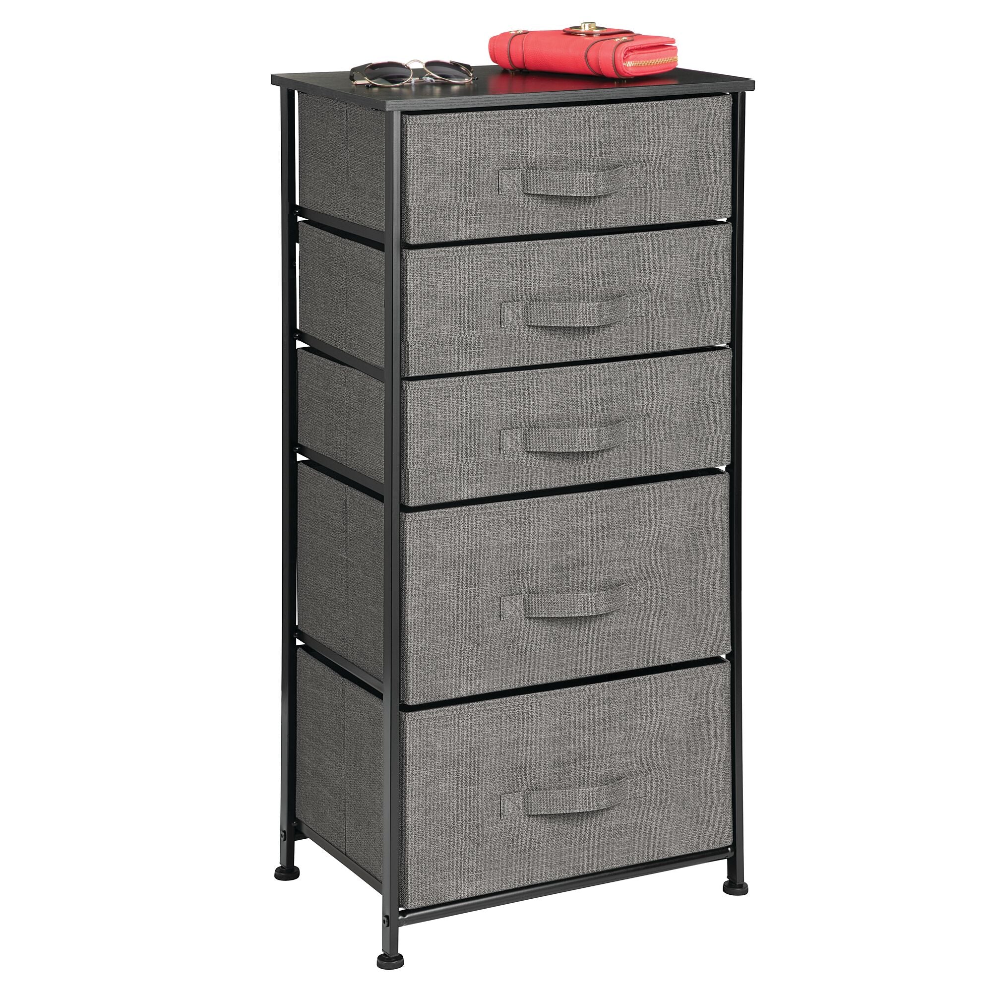 mDesign Storage Dresser Furniture Unit - Tall Standing Organizer Tower for Bedroom, Office, Living Room, and Closet - 5 Drawer Removable Fabric Bins - Charcoal Gray