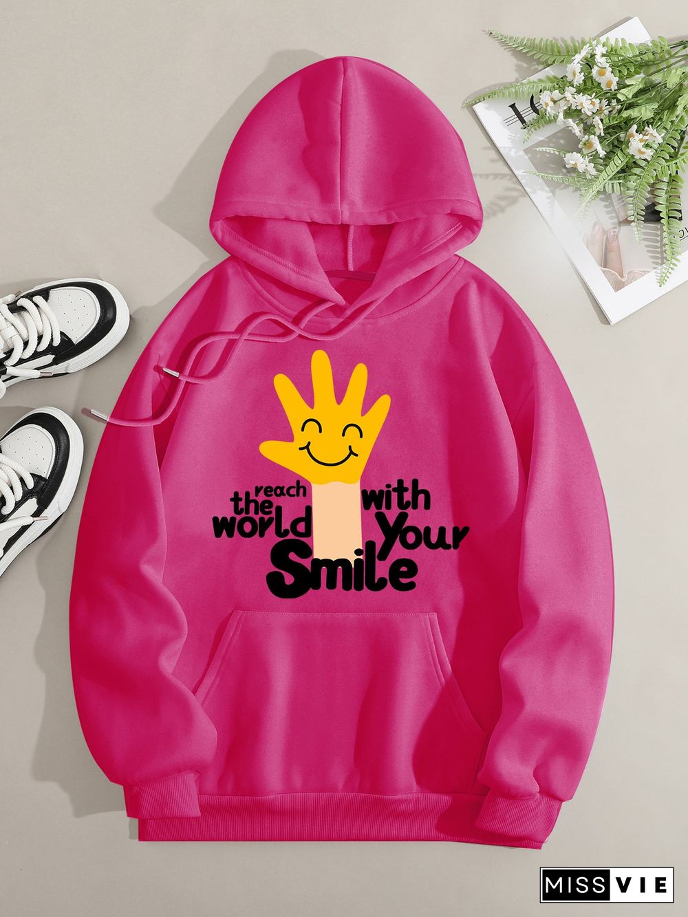 Printed on front Kangaroo Pocket Hoodie Long Sleeve for Women Pattern Touch the World with Your Smile