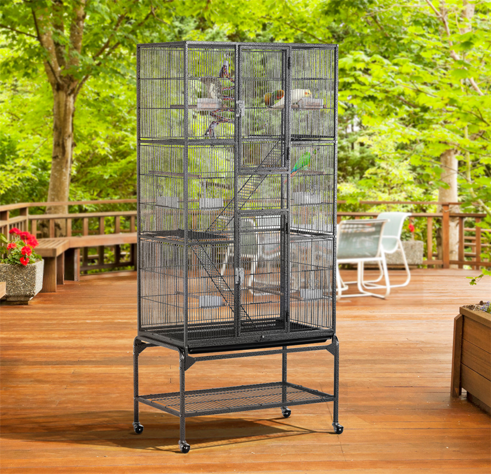 Topeakmart 69''H Extra Large Rolling Metal Parrot Cage Small Animal Cage with Detachable Stand and Ladders， Black