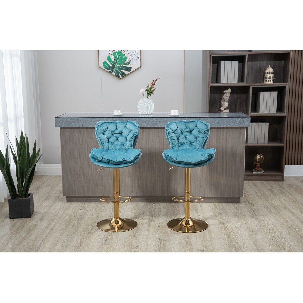 Modern Swivel Bar Stools  Set of 2  Adjustable Counter Height Velvet Upholstered Tufted Bar Stools with Back   Footrest