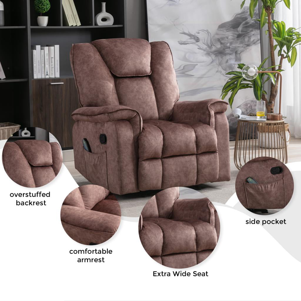 BTMWAY Recliner Chair, Manual Recliner Couch with Vibration Massage, Rocking Function and Heating System, Velvet Fabric Reclining Sofa with Side Pockets, Ergonomic Massage Lounge for Elderly, Brown