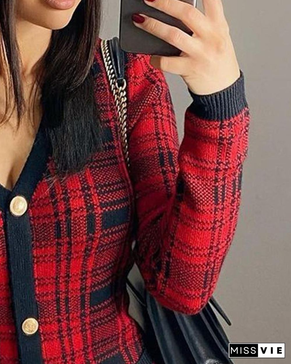 Plaid Button Design Long Sleeve Bodycon Dress P13908