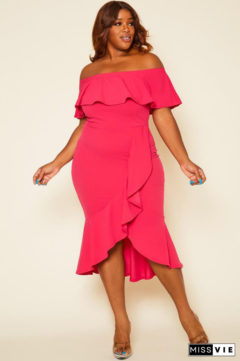 Rose Ruffled Off Shoulder High Low Plus Size Dress