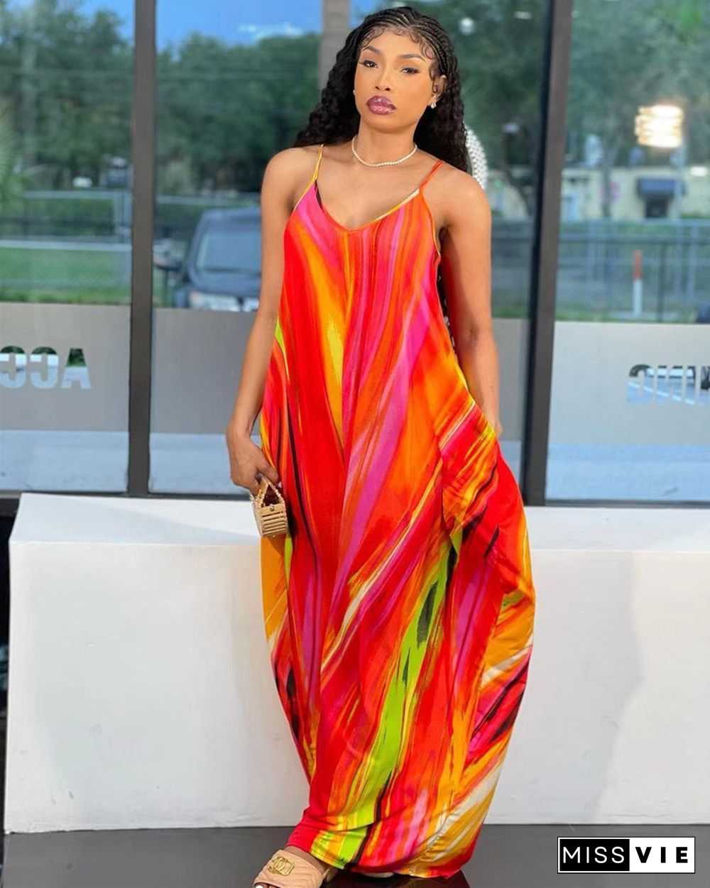 Tie Dye Print Loose Pockets Floor Length Dresses