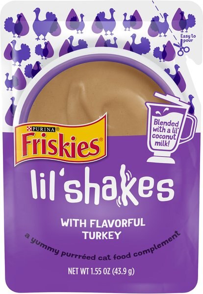 Friskies Pureed Topper Lil' Shakes With Flavorful Turkey Cat Food， 1.55-oz bag， Case of 16