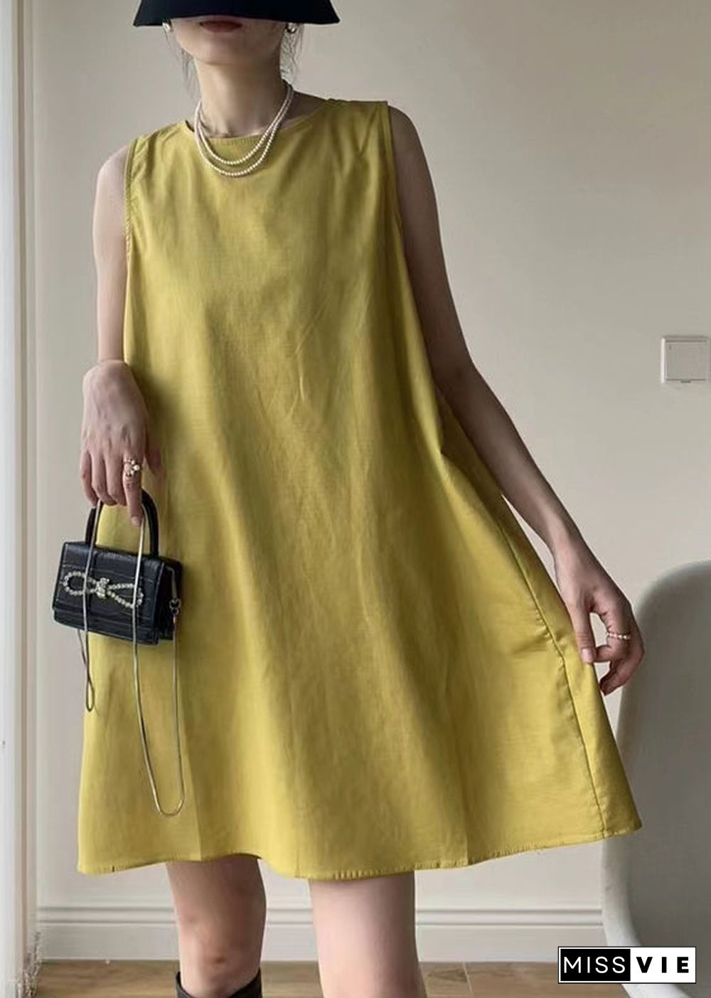 Casual Yellow O Neck Patchwork Cotton Mid Dresses Sleeveless