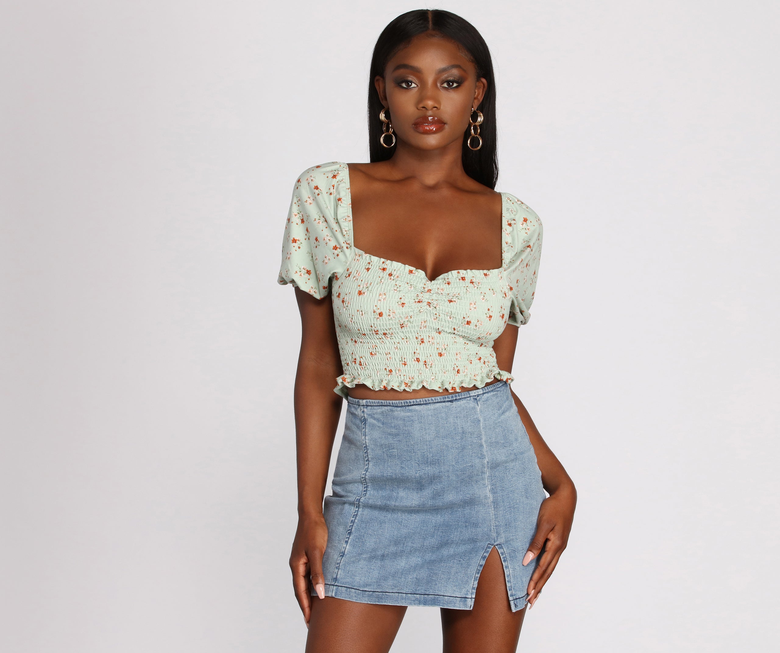 Ditsy Floral Puff Sleeve Crop Top