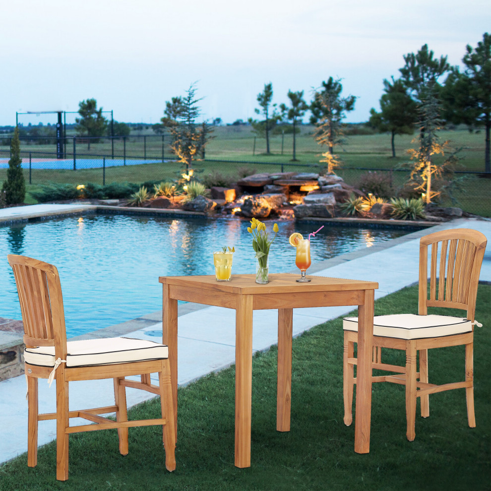 3 Piece Teak Wood Orleans Intimate Bistro Dining Set Including 27 quotSquare Table   Transitional   Outdoor Pub And Bistro Sets   by Chic Teak  Houzz