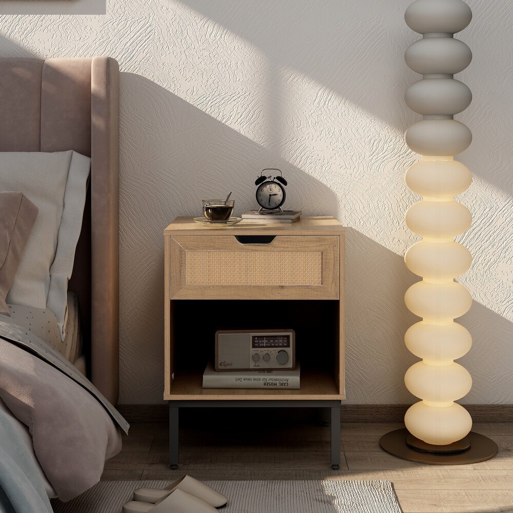 Nightstand Storage End Table with Rattan Door