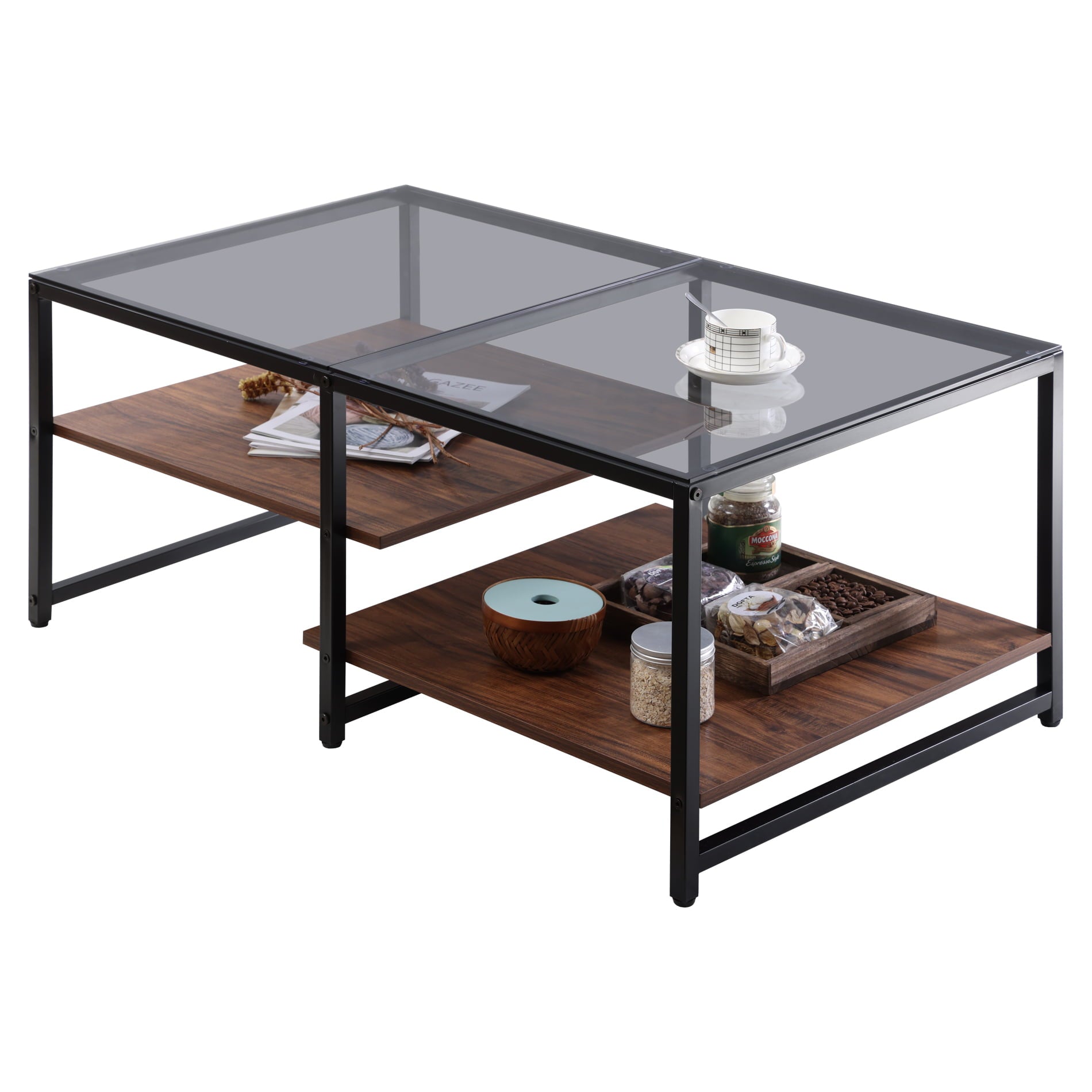 Glass Coffee Table with 2-Tier Shelves Tea Table for Living Room, 40