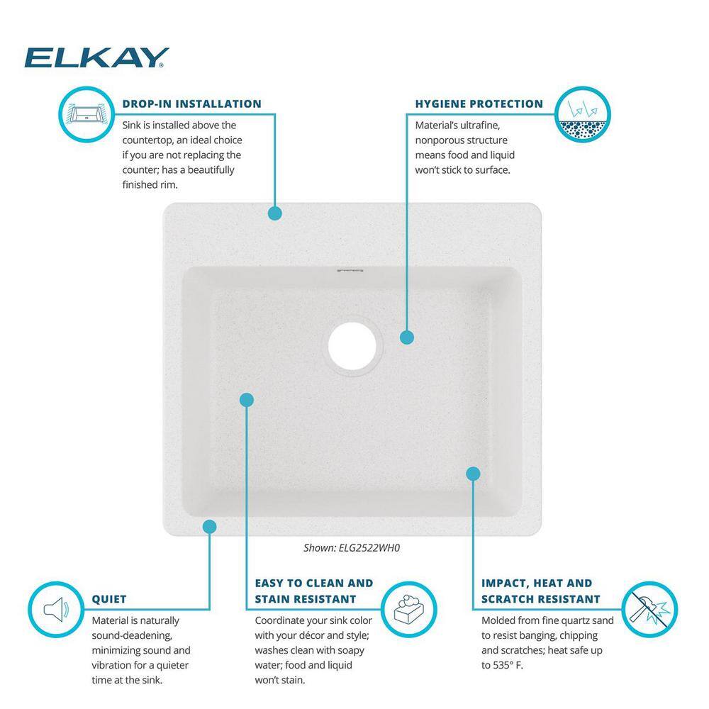 Elkay Quartz Classic White Quartz 25 in. Single Bowl Drop-In Kitchen Sink ELG2522WH0