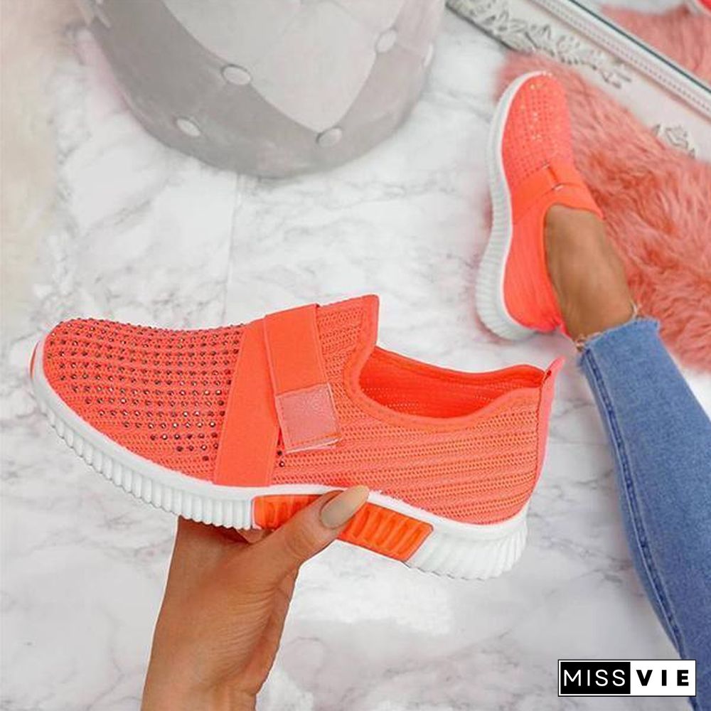 Women Fashion Bling Rhinestones Flyknit Fabric Slip On Breathable Platform Sneakers