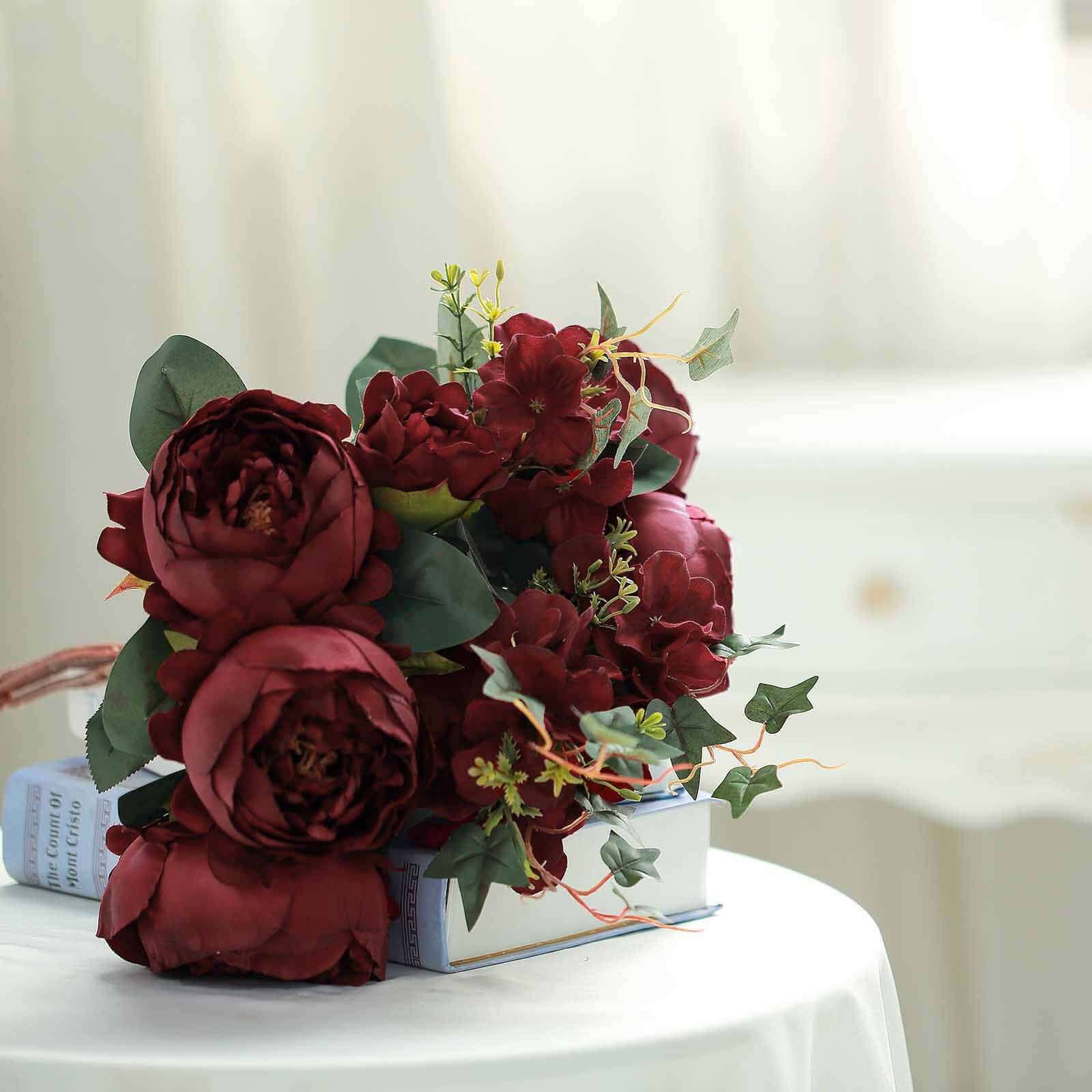 2 Bush Burgundy Artificial Silk Peony, Rose and Hydrangea Flower Bouquet