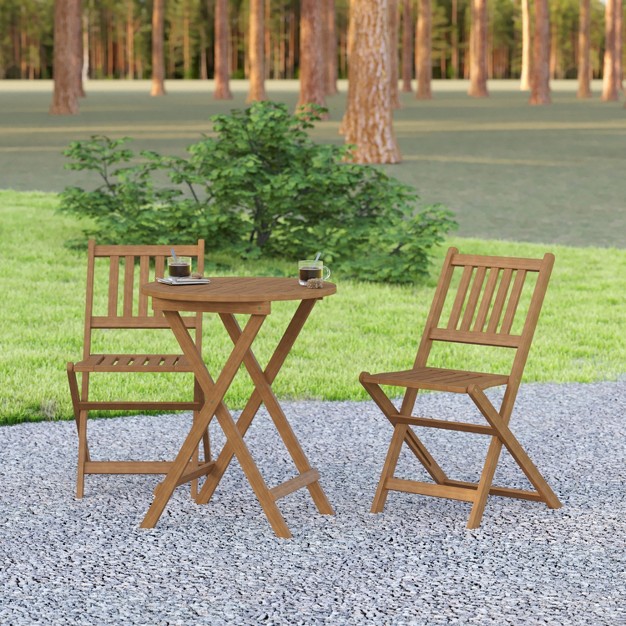 Emma And Oliver All weather Three Piece Solid Acacia Wood Patio Bistro Set With Two Folding Chairs And Table