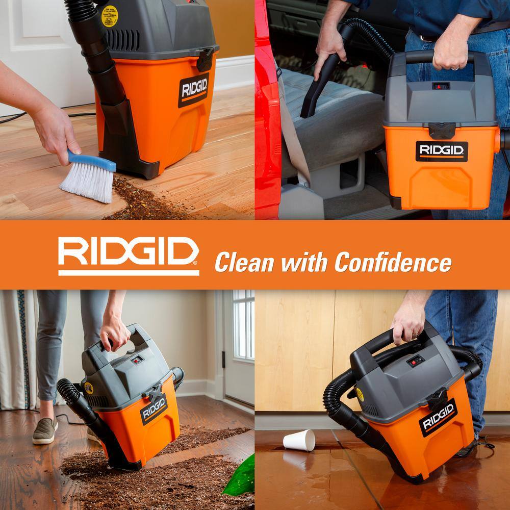 RIDGID 3 Gallon 3.5 Peak HP Portable WetDry Shop Vacuum with Built in Dust Pan Filter Expandable Locking Hose and Car Nozzle WD3050