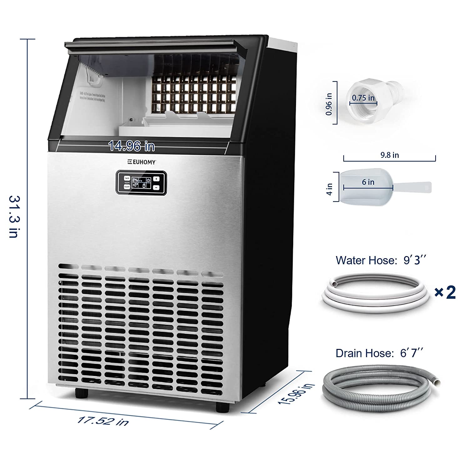 Euhomy Commercial Ice Machine, 2 Way Water Supply 100lbs/24H Stainless Steel Under Counter ice Machine with 33lbs Capacity