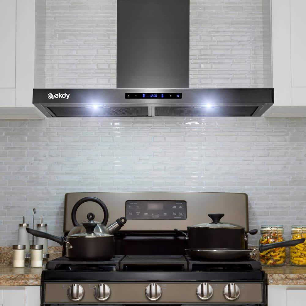 AKDY 30 in 343 CFM Convertible TShape Wall Mount Black Stainless Steel Range Hood with Touch Panel and Carbon Filters