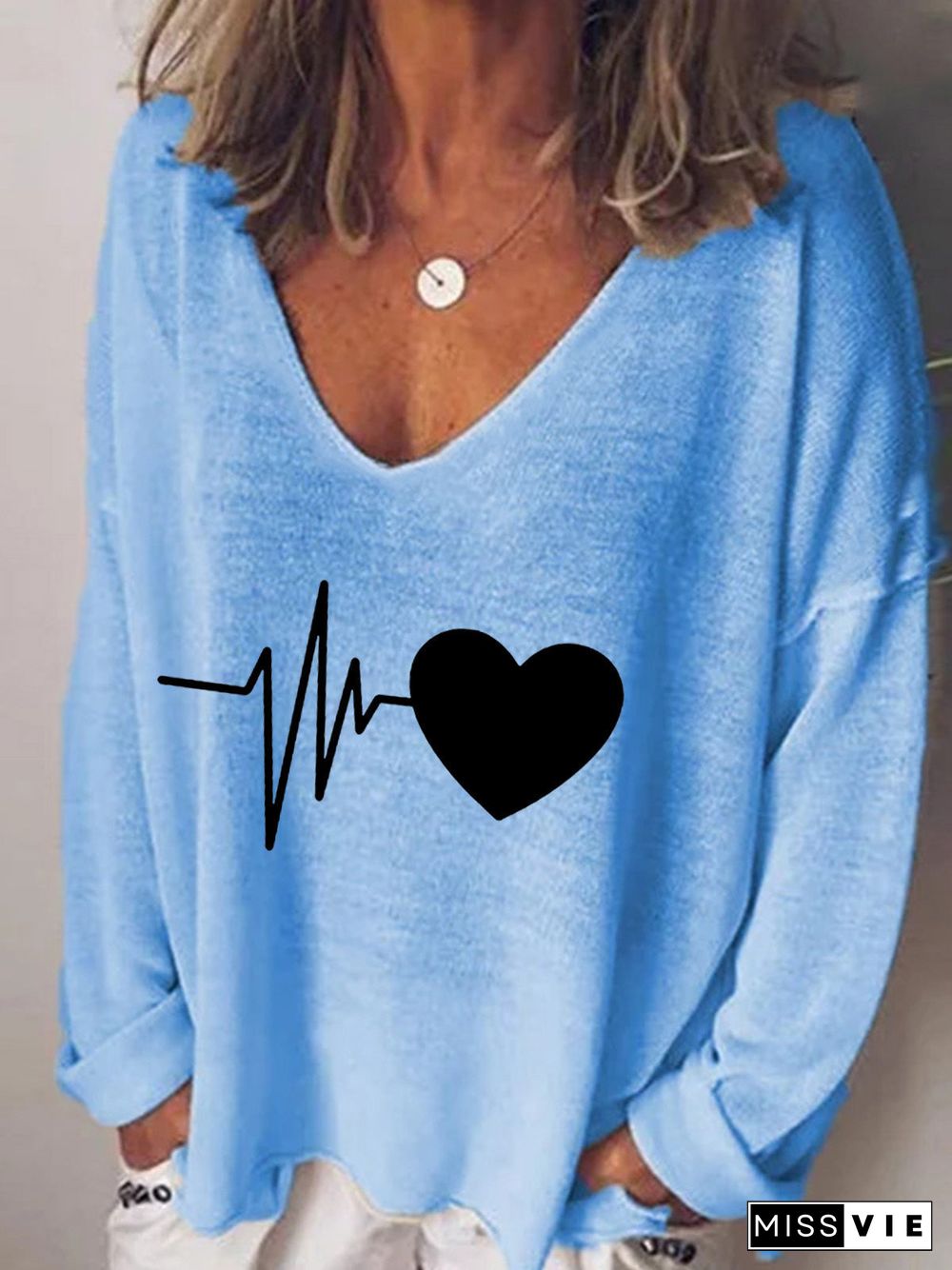 Women'S T-Shirts Heartbeat Print V-Neck Long Sleeve T-Shirt