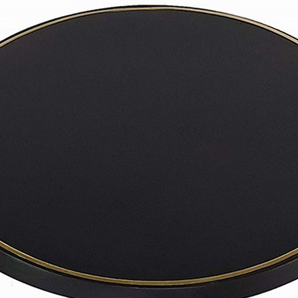 22 Inch Round Mango Wood Side Table， Smooth Brass Accents， Black Finish