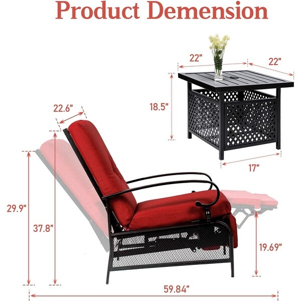 SUNCROWN Outdoor Patio Adjustable Cushioned Recliner Lounge Chair Set with Coffee Square Side Table