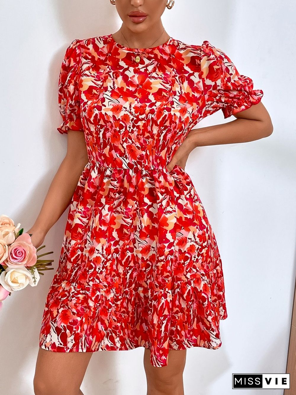 Elegant Floral Print Dresses Women Summer Dresses New Casual O-neck Short Puff Sleeves High Waist Mini A-line Dress