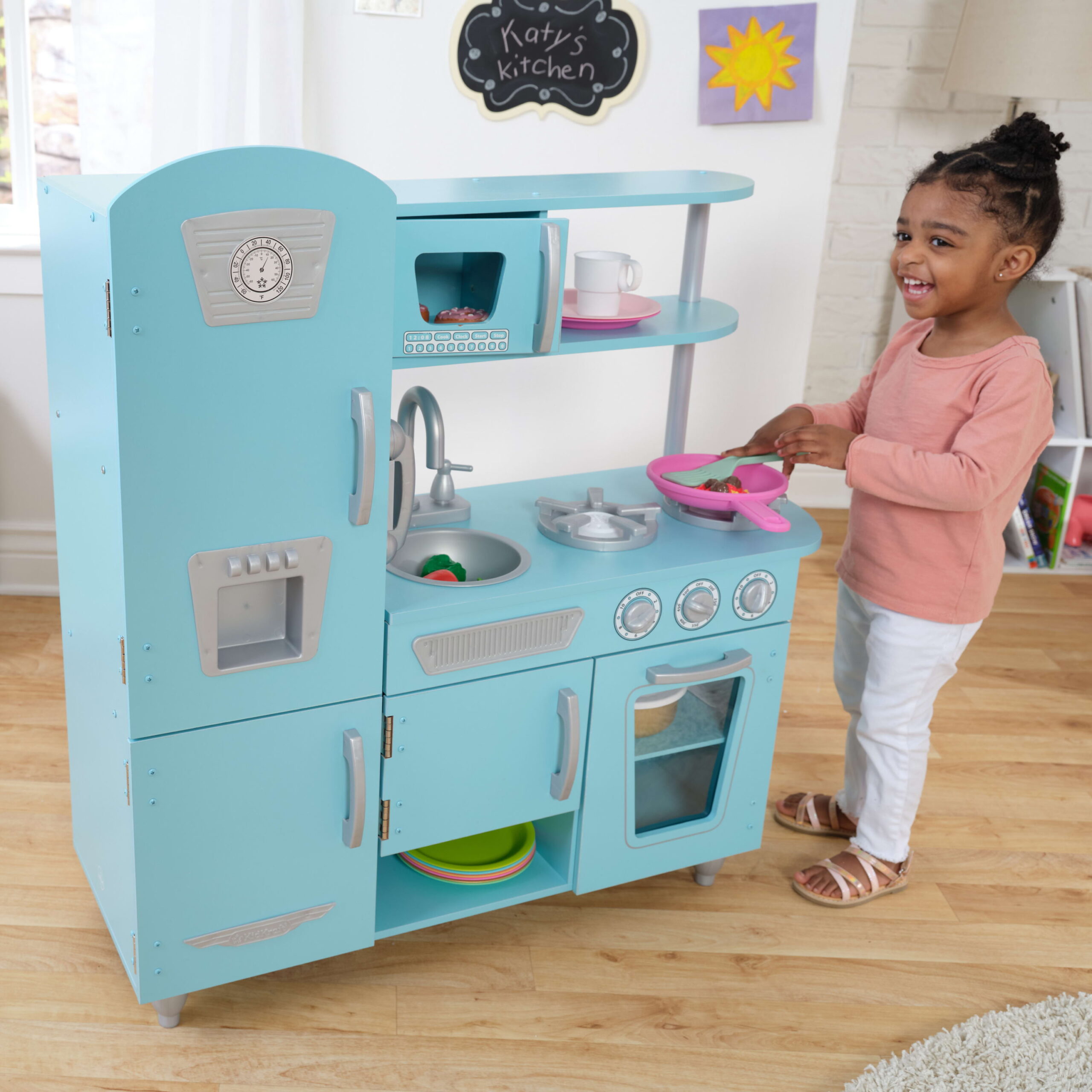 KidKraft Vintage Wooden Play Kitchen with Pretend Ice Maker and Play Phone - Blue