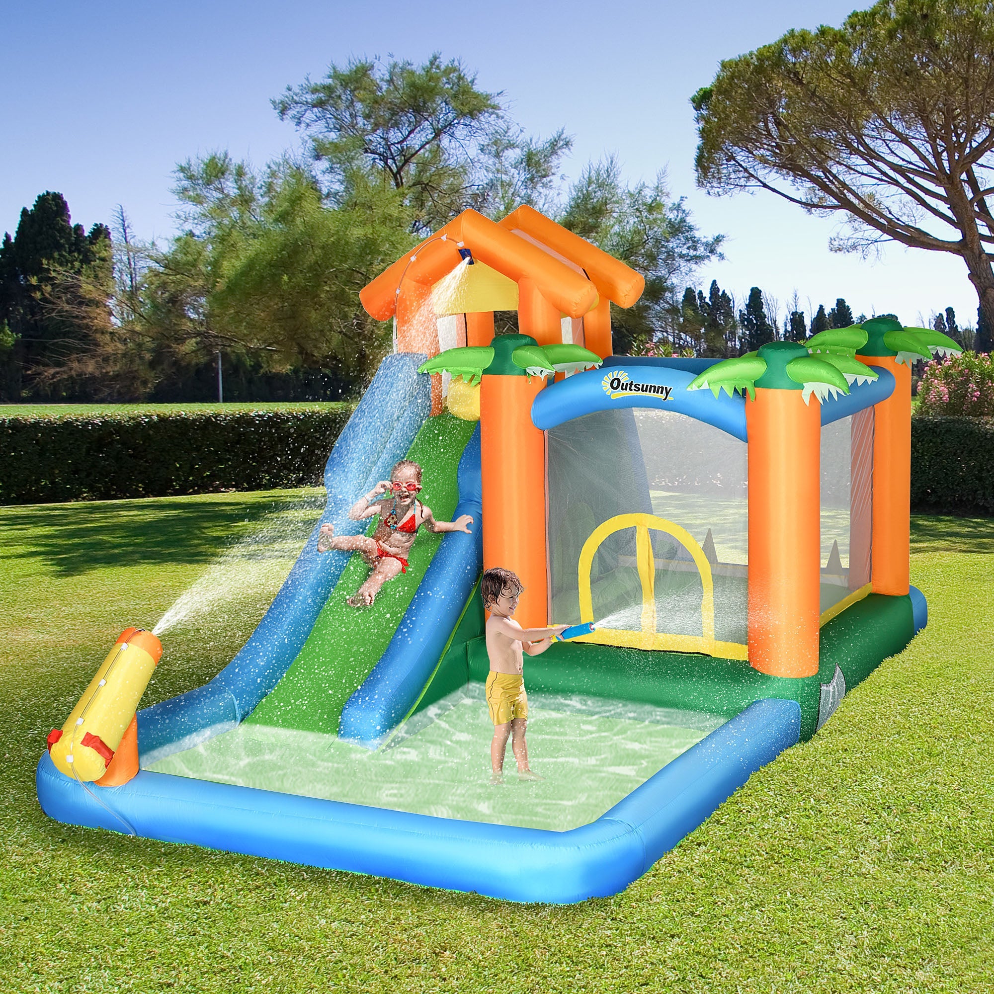 Outsunny 6-in-1 Tropical Inflatable Water Slide Summer Theme Jumping Castle Includes Floating Ball Slide Trampoline Pool Cannon Climbing Wall with Carry Bag, Repair Patches and 450W Air Blower