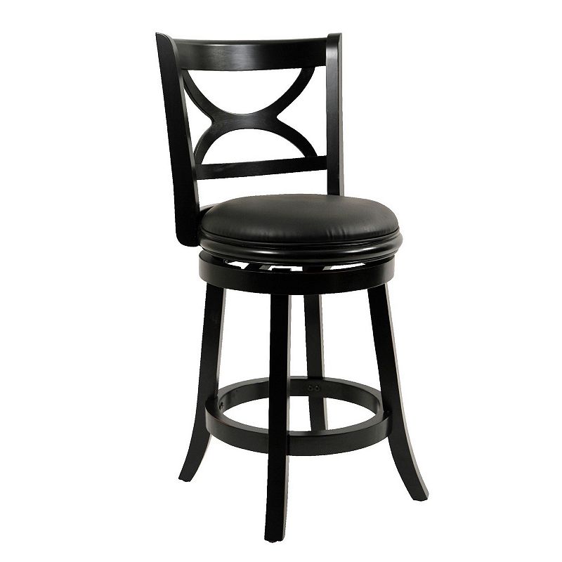 24 Inch Ava Solid Wood Swivel Counter Stool， Vegan Faux Leather， Black