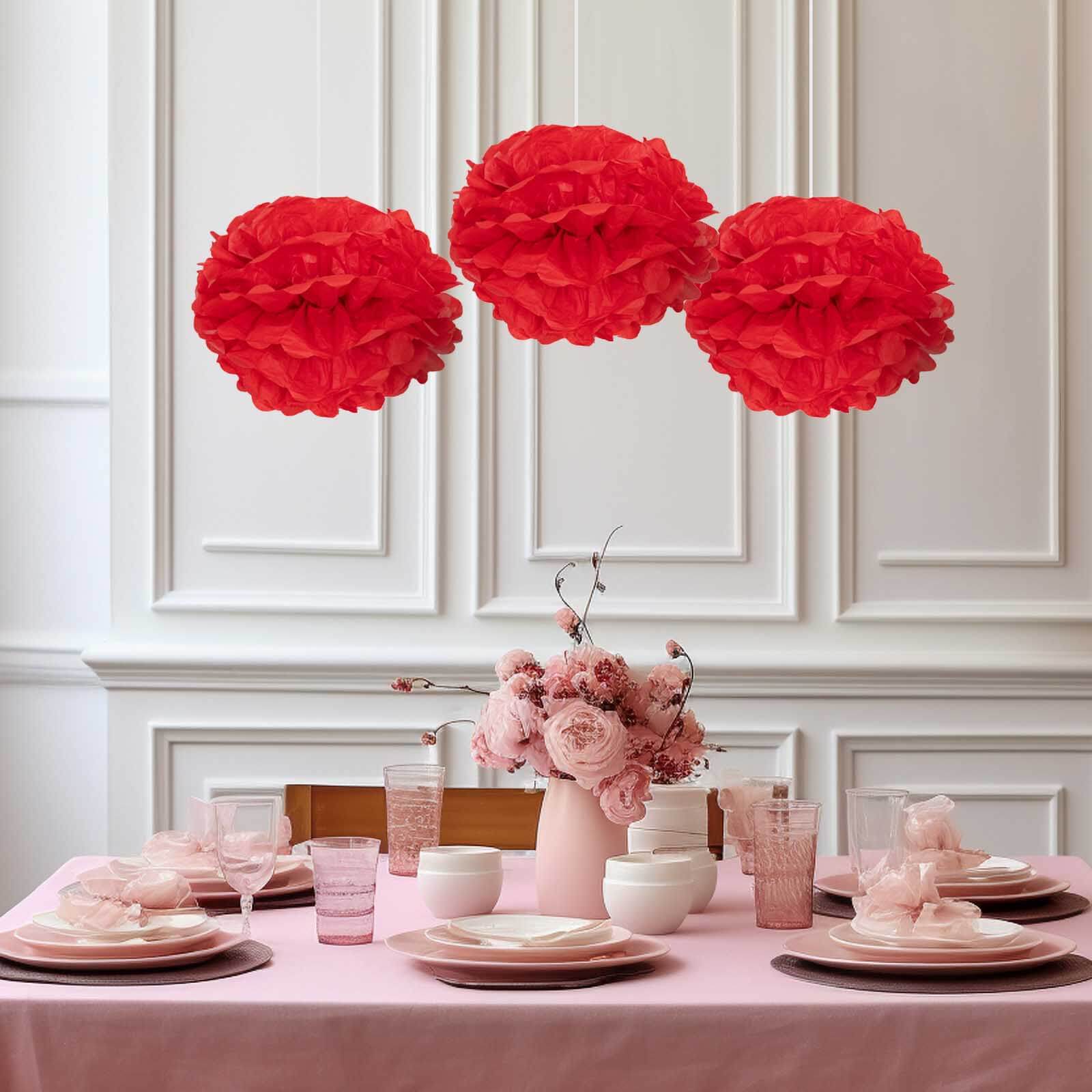 6 Pack Red Tissue Paper Pom Poms Flower Balls, Ceiling Wall Hanging Decorations - 10