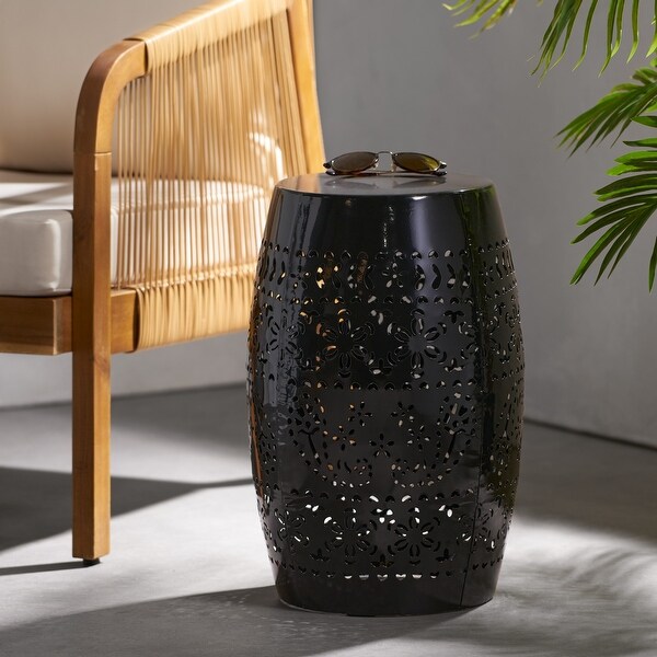 Black Outdoor Side Table with Clean，Precise Lines Finished Barrel Structure Lacecut Design 12.25