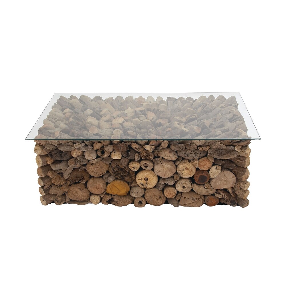 Brown Driftwood Handmade Collage and Pedestal Base Coffee Table with Tempered Glass Top   48\