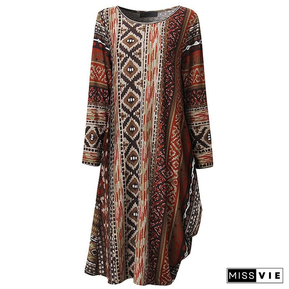 S-5XL Women Boho Floral Casual Baggy Long Sleeve Top Shirt Dress Kaftan