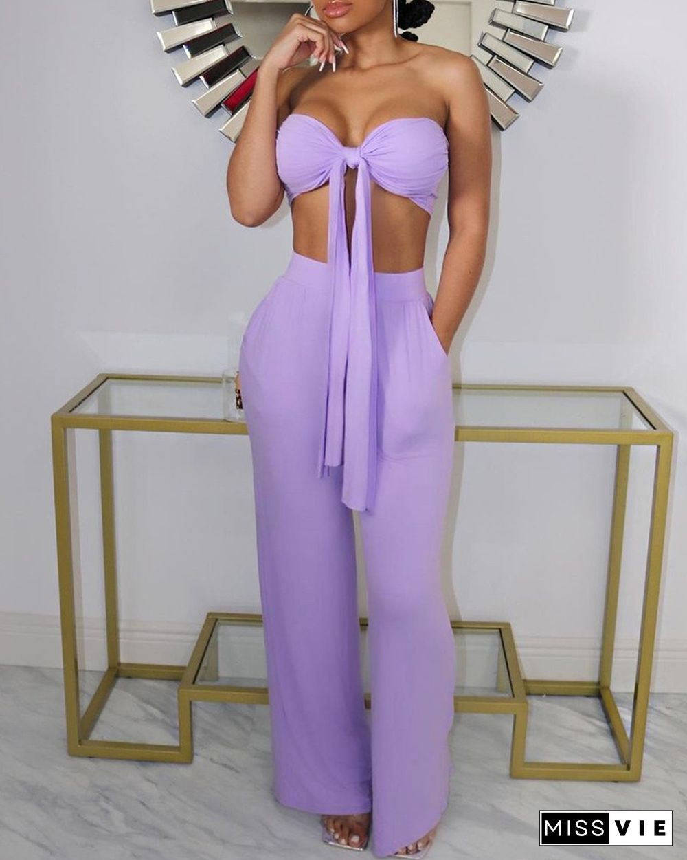 Bandeau Plain Knotted Crop Top & Pocket Design Pants Set