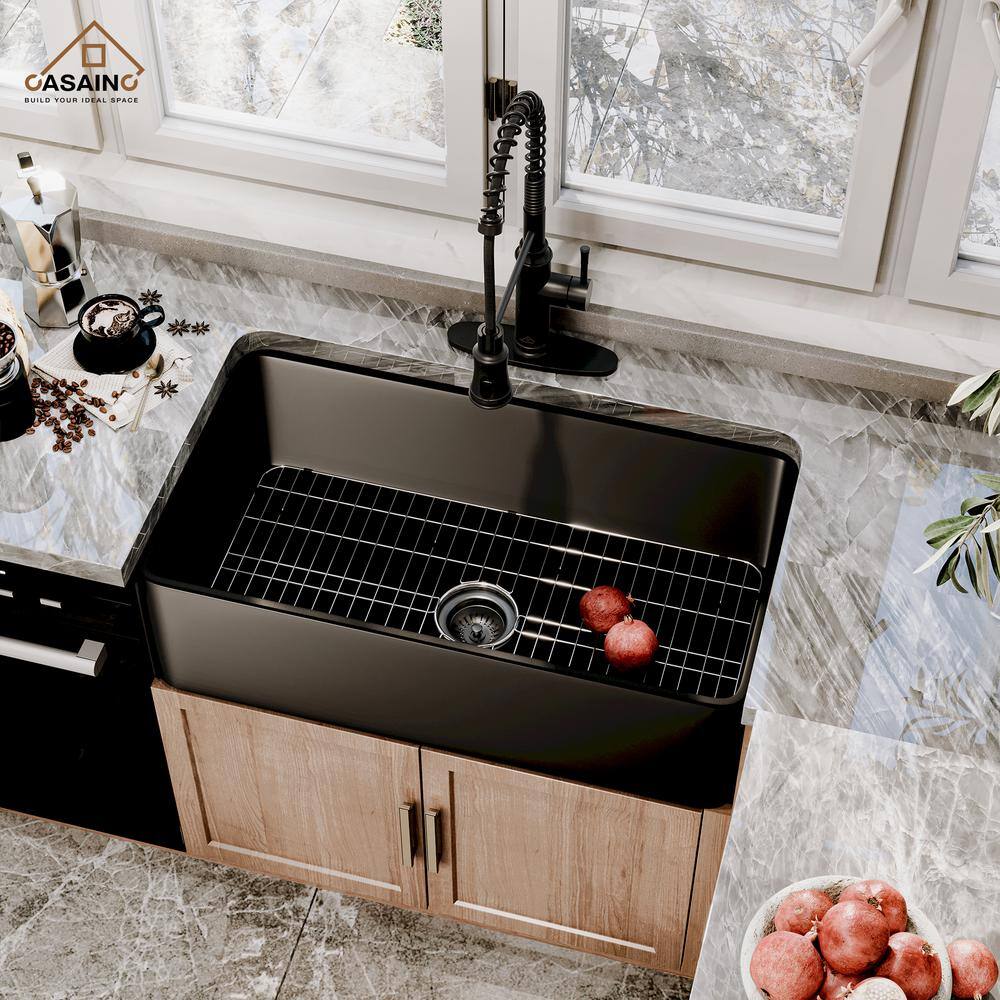 CASAINC Fireclay 33 in. Single Bowl Farmhouse Apron Kitchen Sink with Pull Down Kitchen Faucet and Accessories CA-B33-W3052MB