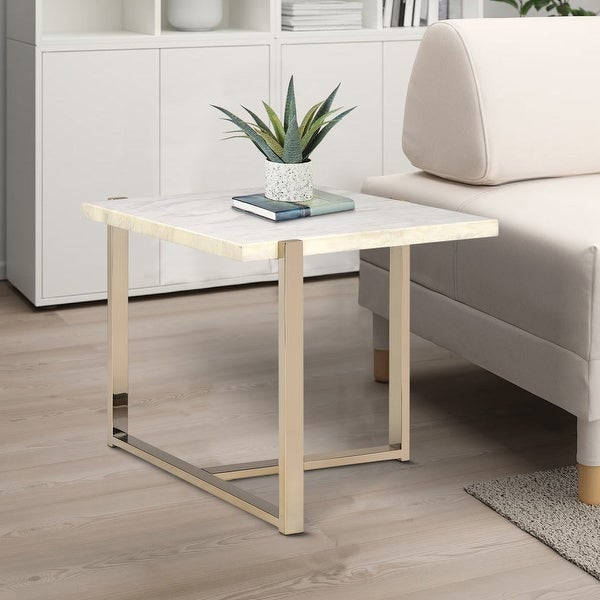 Modern Style Marbleized Wooden End Table with Tubular Metal Frame， Gold and White - 24.25 H x 23 W x 23.75 L Inches