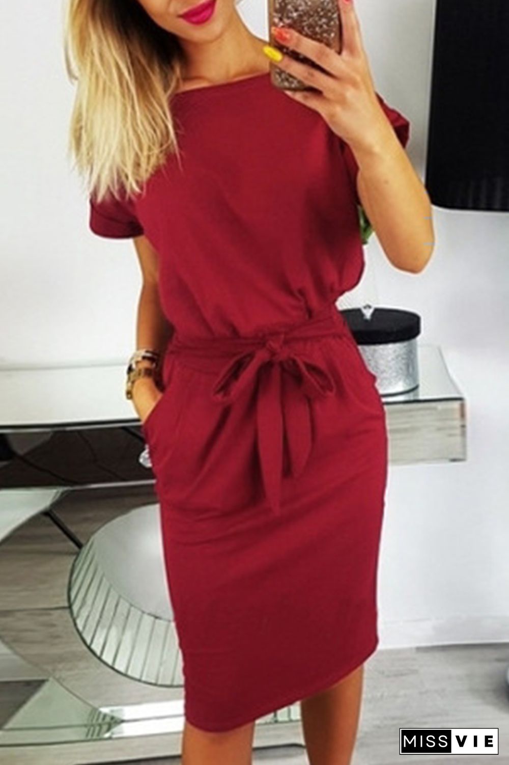 Fashion Elegant Solid Frenulum Fold O Neck Wrapped Skirt Dresses