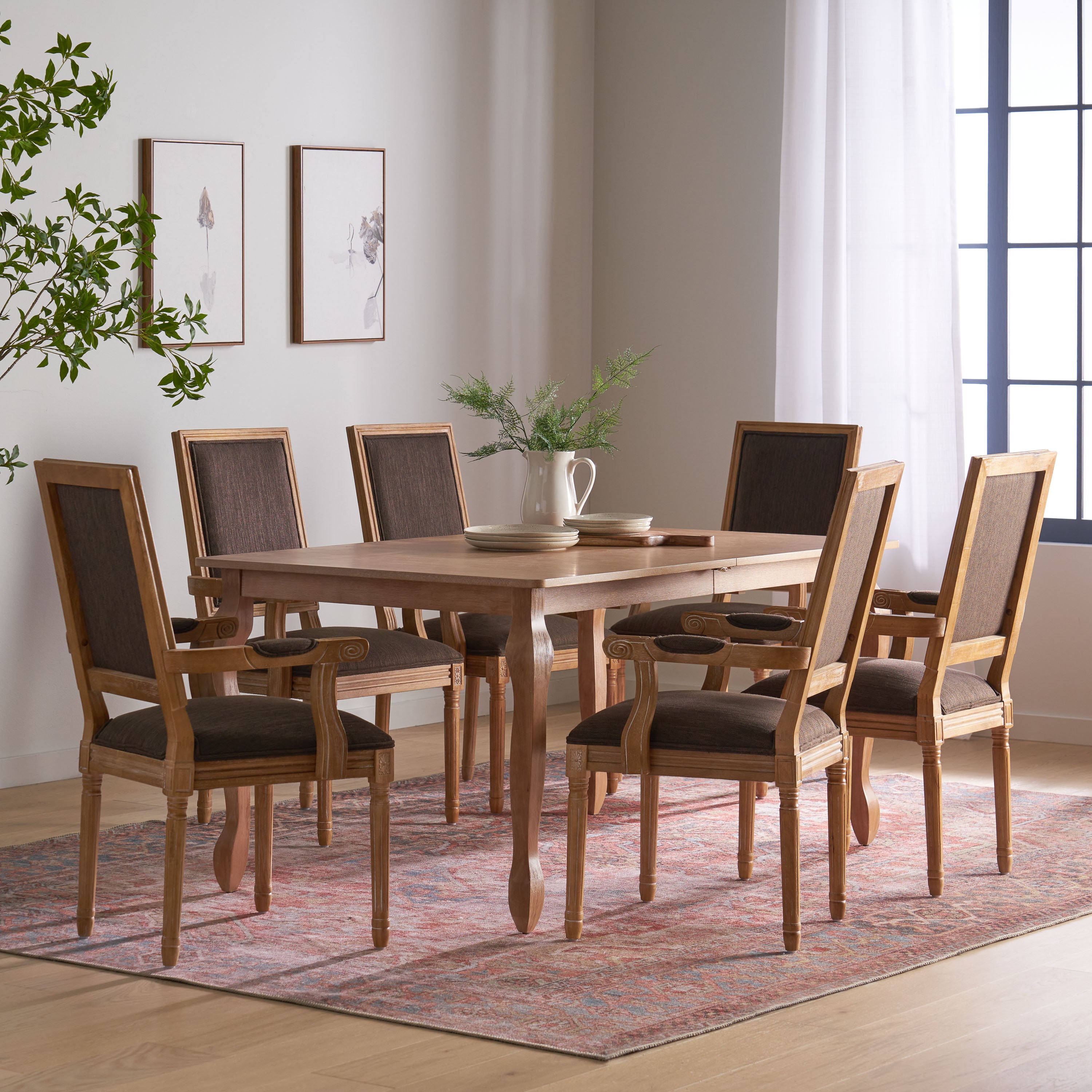 Regan French Country Fabric Upholstered Wood Expandable 7 Piece Dining Set