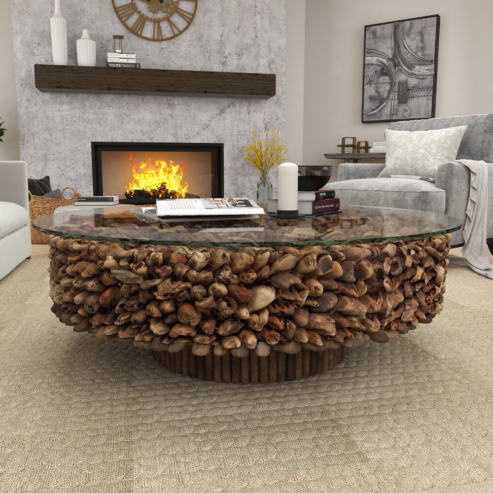 Brown Driftwood Handmade Collage and Pedestal Base Coffee Table with Tempered Glass Top   48\