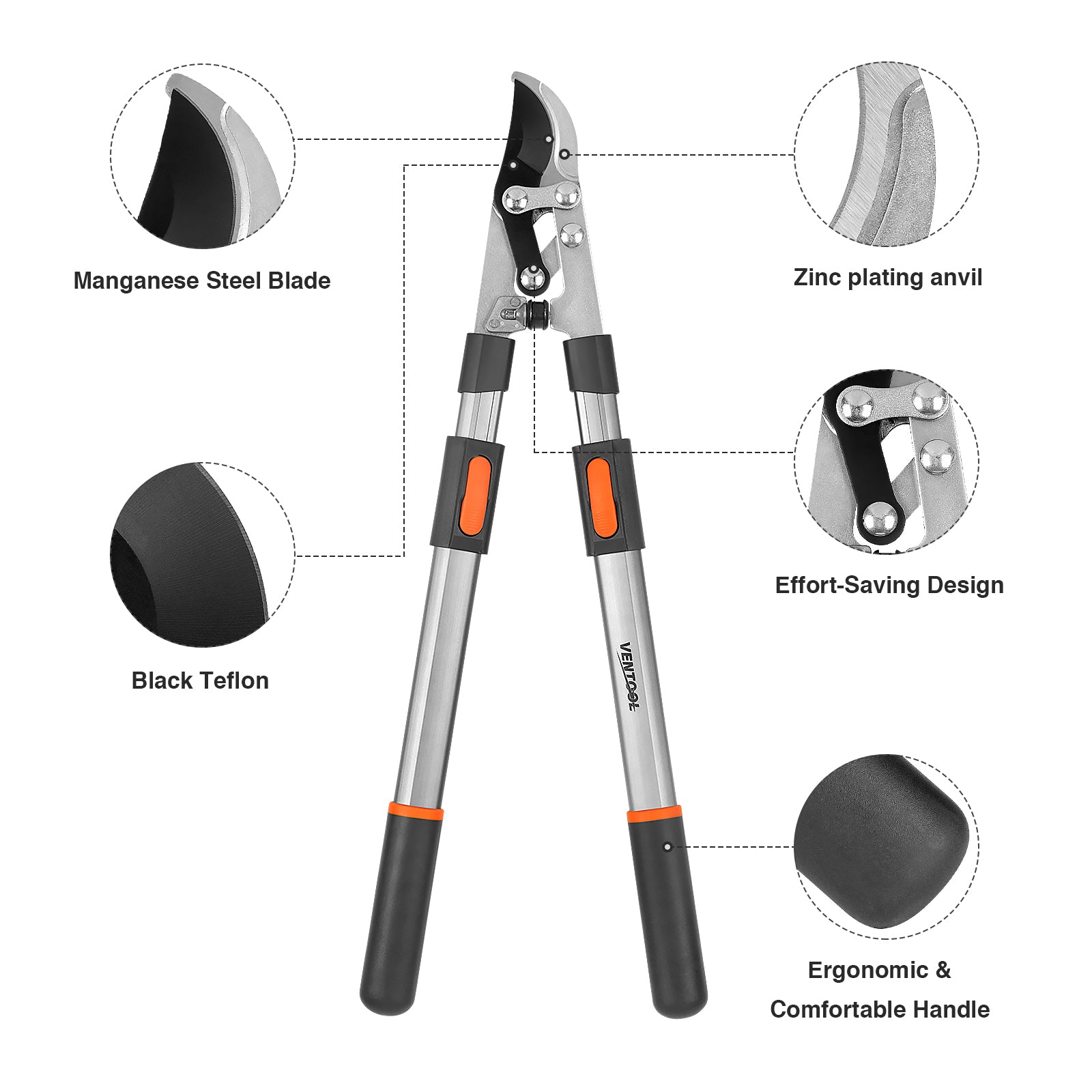 Ventool 27" - 37" Bypass Telescopic Lopping Shear, Extendable Pruning Shear, HRC56 Adjustable Mn-steel Branch Cutter with 1.77 Inch Cutting Capacity, Garden Pruning Tree Trimmer Scissor