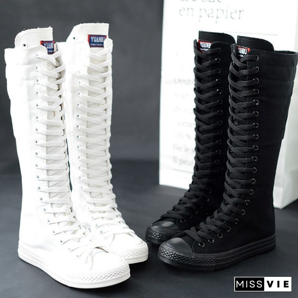 Womens Knee High Boots Flat Ankle Snow Dance Lace Up Canvas Long Boots Plus Size Color Black White Boots