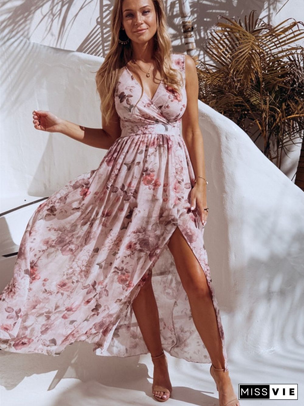 Women Fashion V Neck Sleeveless Floral Long Dress Hem Split Boho Beach Maxi Dresses Plus Size Sundress Vestidos Robes