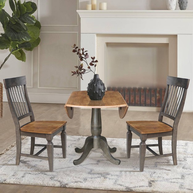 Round Dual Drop Leaf Dining Table With 2 Slat Back Chairs Hickory washed Coal International Concepts