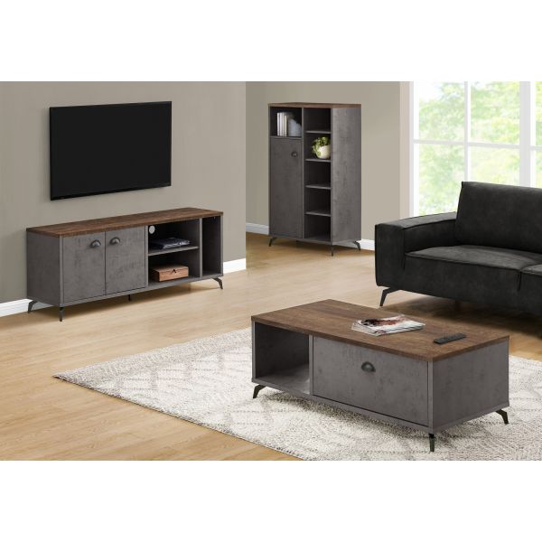 Tv Stand， 60 Inch， Console， Media Entertainment Center， Storage Cabinet， Living Room， Bedroom， Brown And Grey Laminate， Grey Metal， Contemporary， Modern