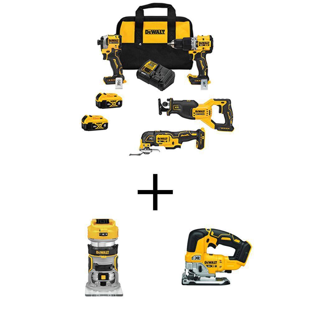 DW 20V MAX Lithium-Ion Cordless Brushless 4 Tool Combo Kit 20V XR Brushless Compact Router and 20V XR Brushless Jigsaw DCK4050M2W60034