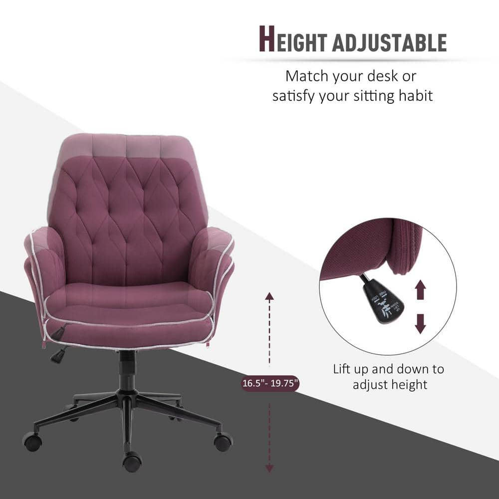 Vinsetto Purple, Modern Mid-Back Tufted Fabric Home Office Desk Chair with Arms, Swivel Adjustable Task Chair, Upholstery Chair 921-102VT