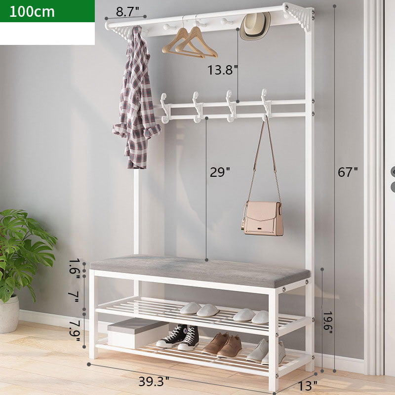 Entryway Shoe Bench， 3 in 1 Coat Rack With Shelf， 2-Tier Hallway Bench ， White