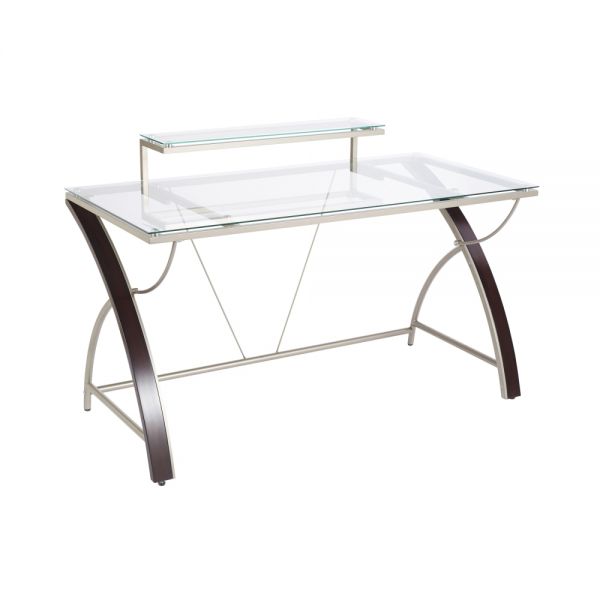 Axley 55”W Glass Computer Desk， Cherry/Silver