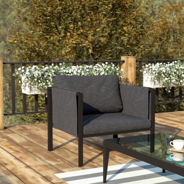 Lea Indoor/Outdoor Patio Chair with Cushions - Modern Steel Framed Chair with Storage Pockets， Black with Charcoal Cushions